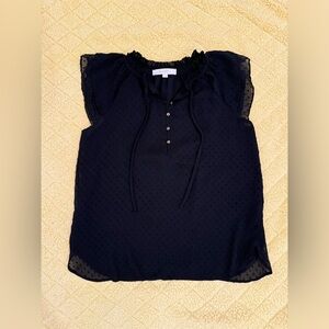 LOFT Black Flutter Button Tie Neck Top | Women’s Small